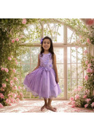 VESTIDO LILÁS  COM FLORES 3D TAM. 4,6 E 10